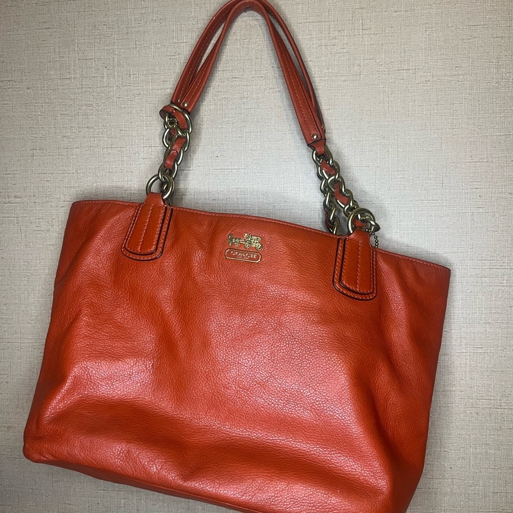 Coach Red-Orange Leather Chain Strap Tote